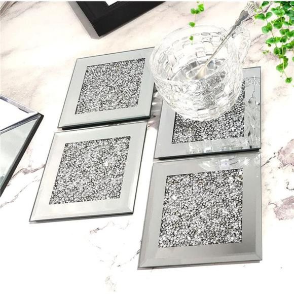 Glass Mirrored Coaster 4 PC, Crushed Diamond Square Cup Mat 4" Decor on Tabletop - Picture 3 of 6